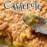 Overhead view of casserole with serving removed. Text overlay for Pinterest. Pin2