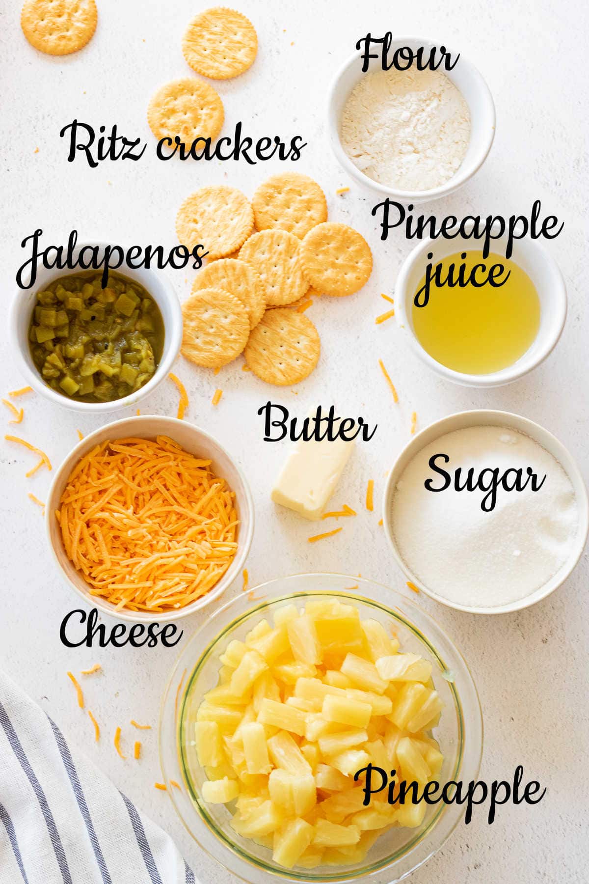 Labeled ingredients for the pineapple casserole recipe.
