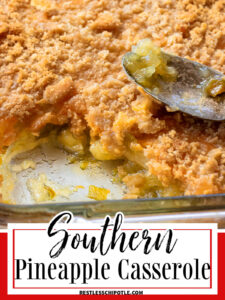 Closeup of casserole with a spoon on top. Title text overlay for webstories.