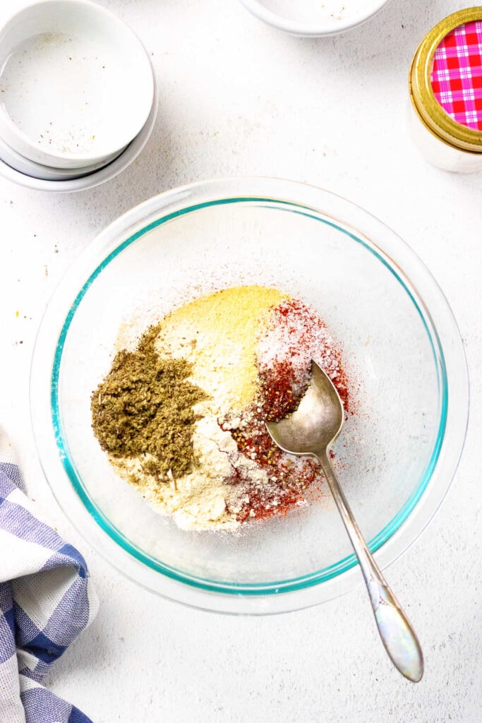 Overhead view of ingredients being mixed.