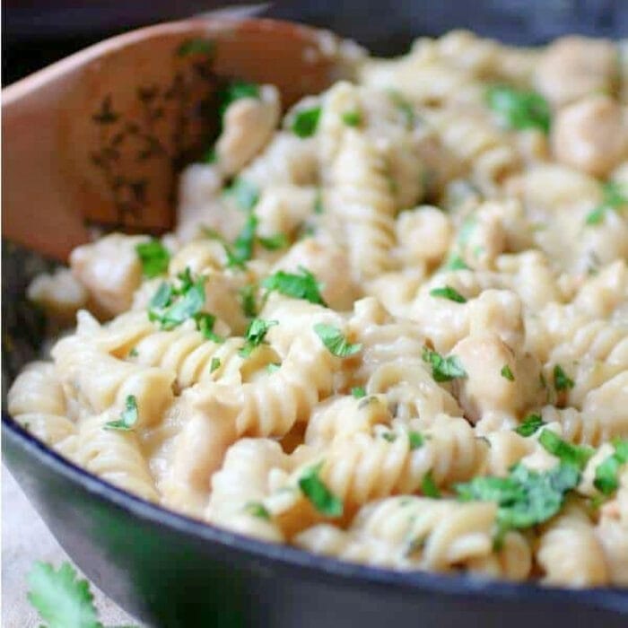 A closeup of pasta in a skillet.