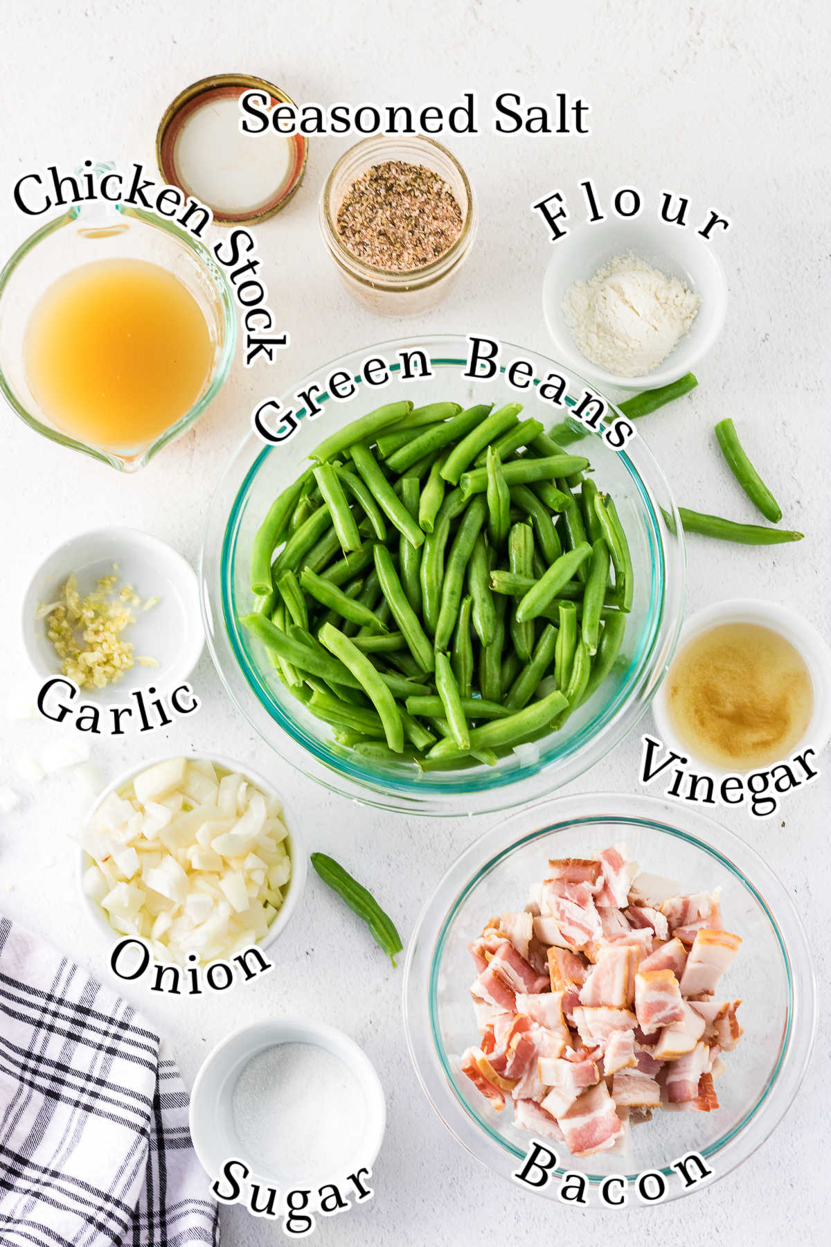 Labeled ingredients for smothered green beans.