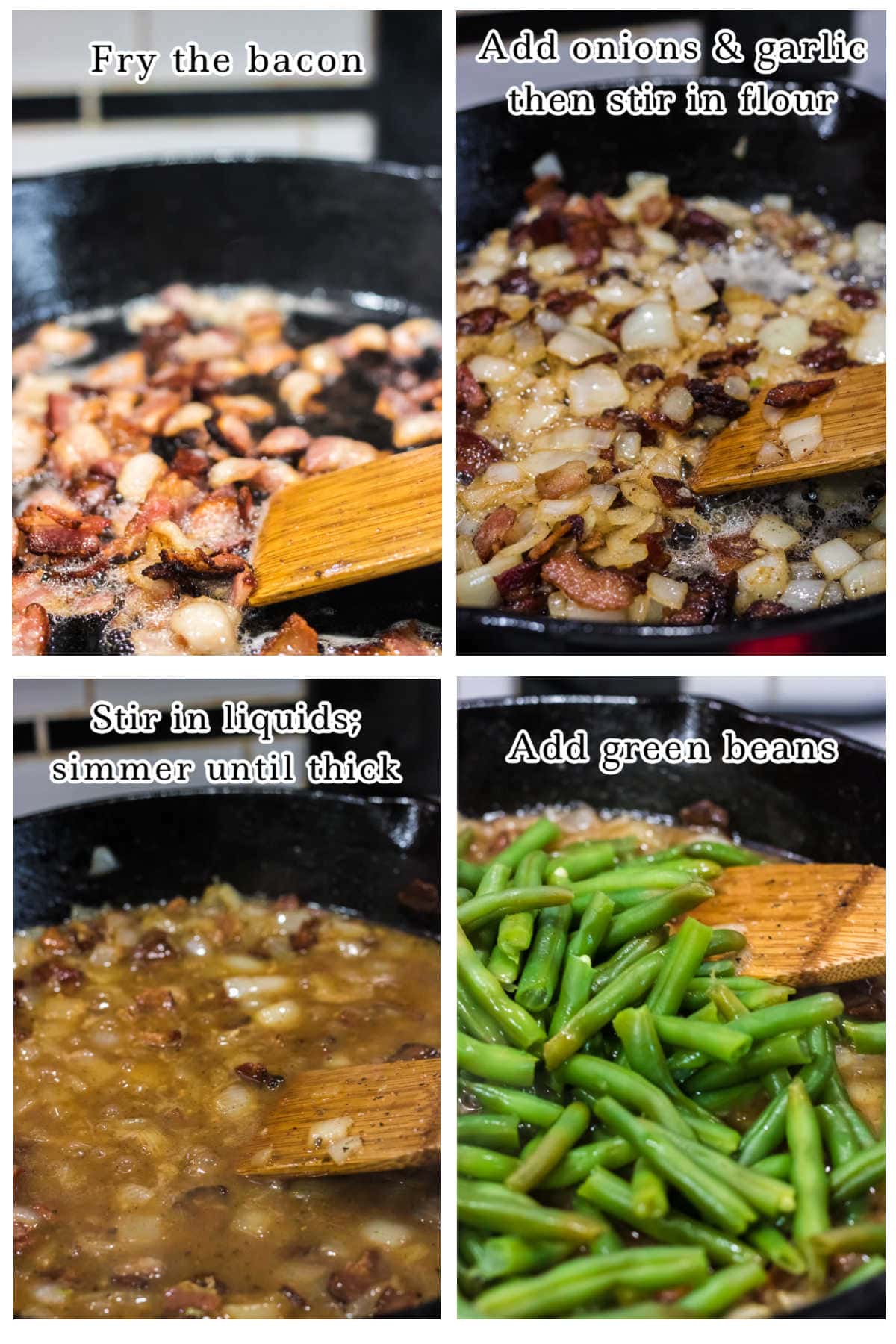 Step by step images showing how to make smothered green beans.