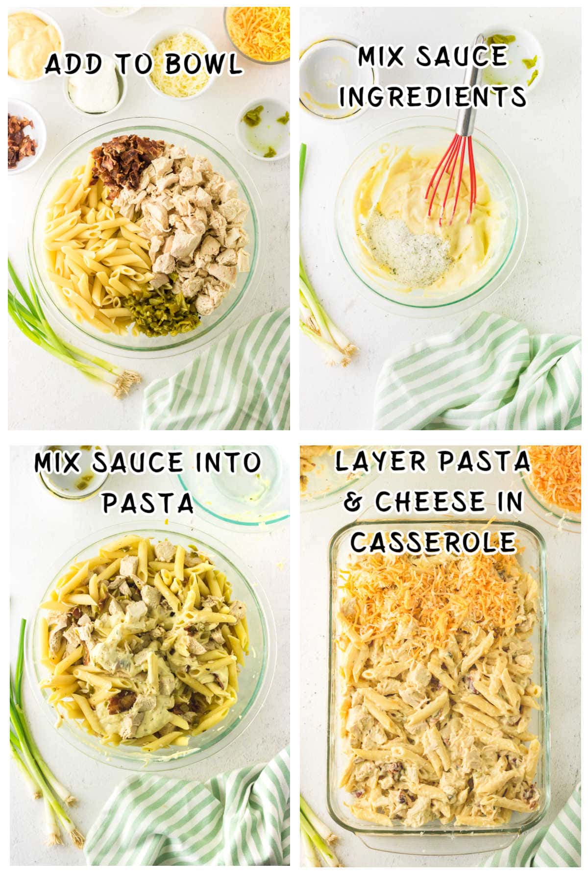 Collage of step by step images for making this chicken casserole recipe.