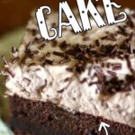 A square of chocolate cake with whipped frosting. Title text overlay for Pinterest.