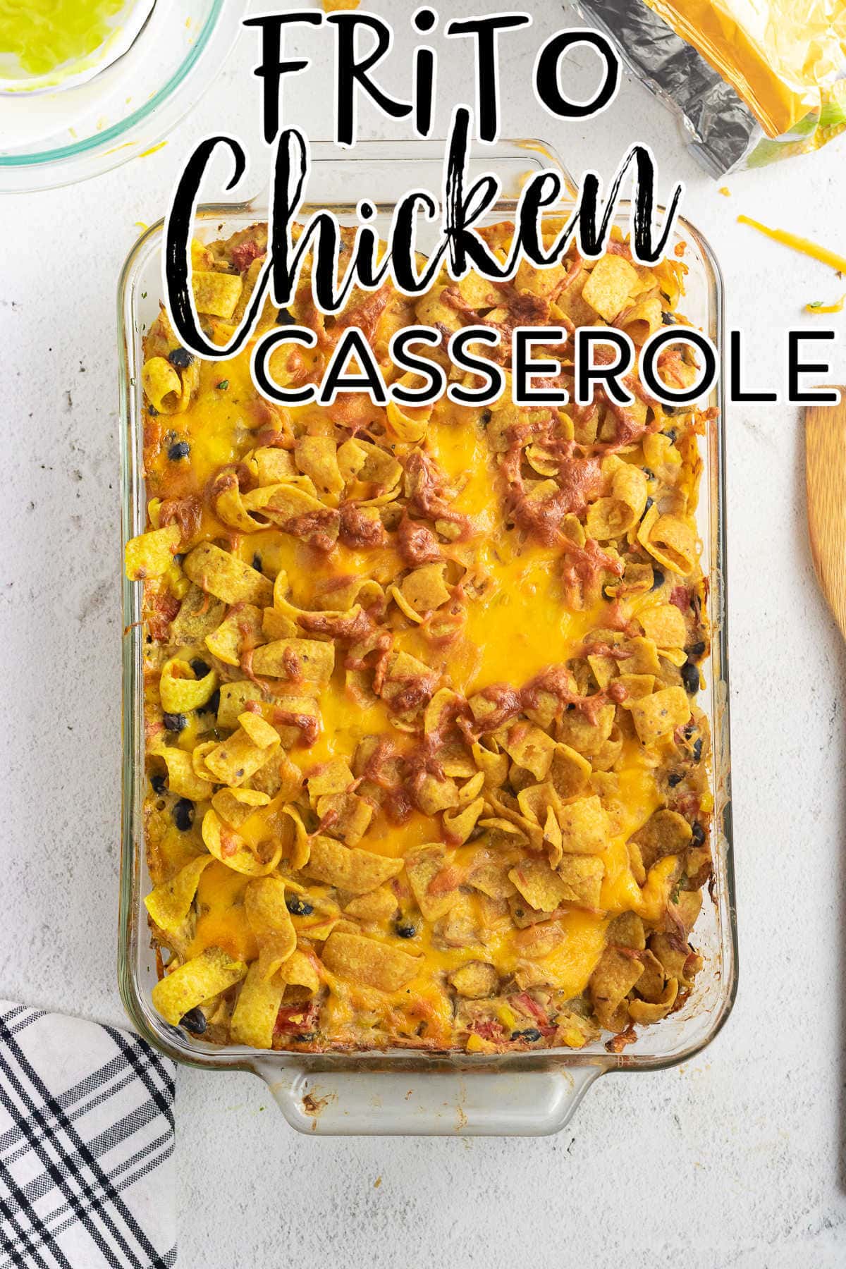 Overhead view of the casserole with a text overlay. Title image.