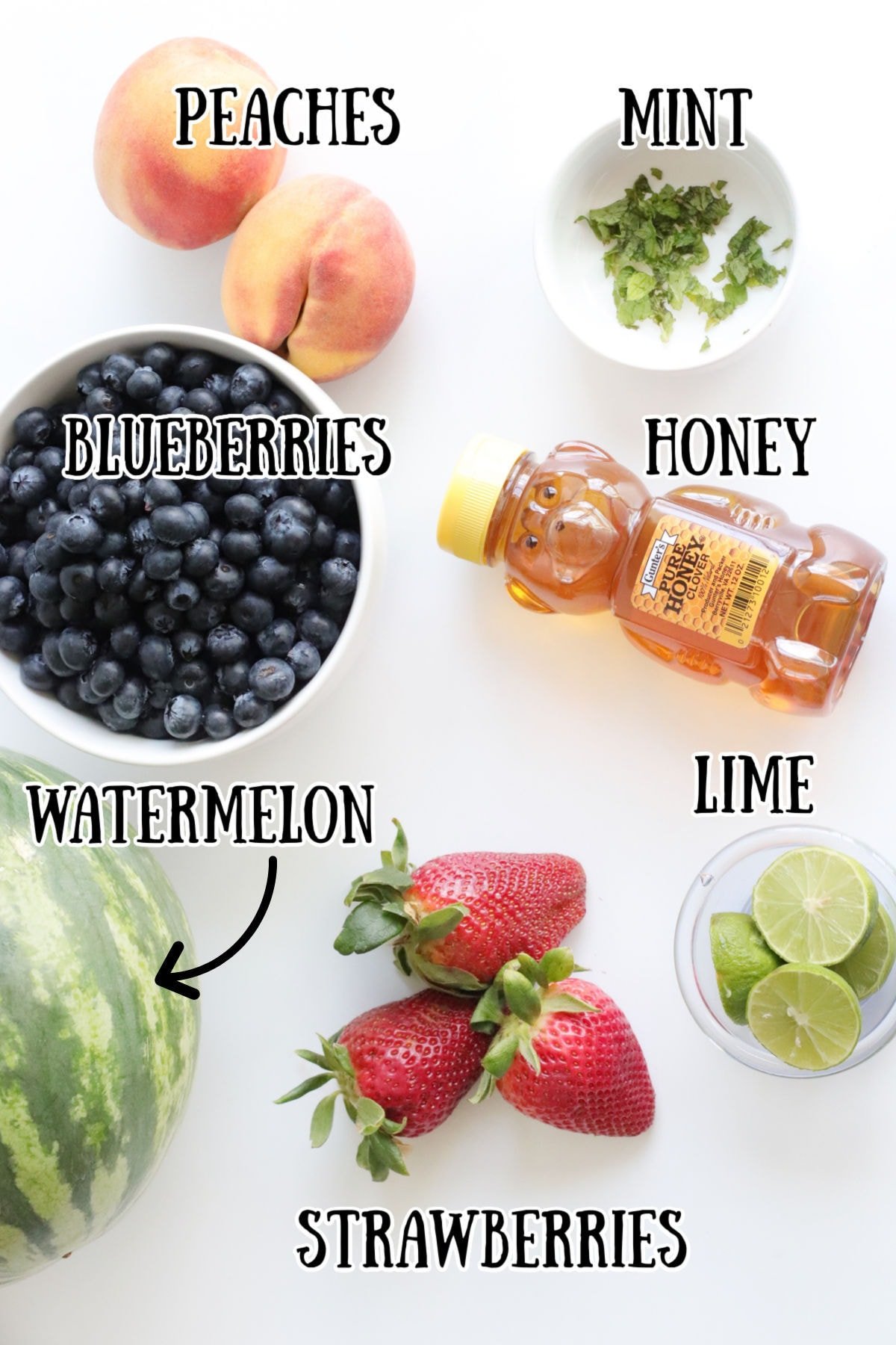 Labeled ingredients for this fruit salad recipe.