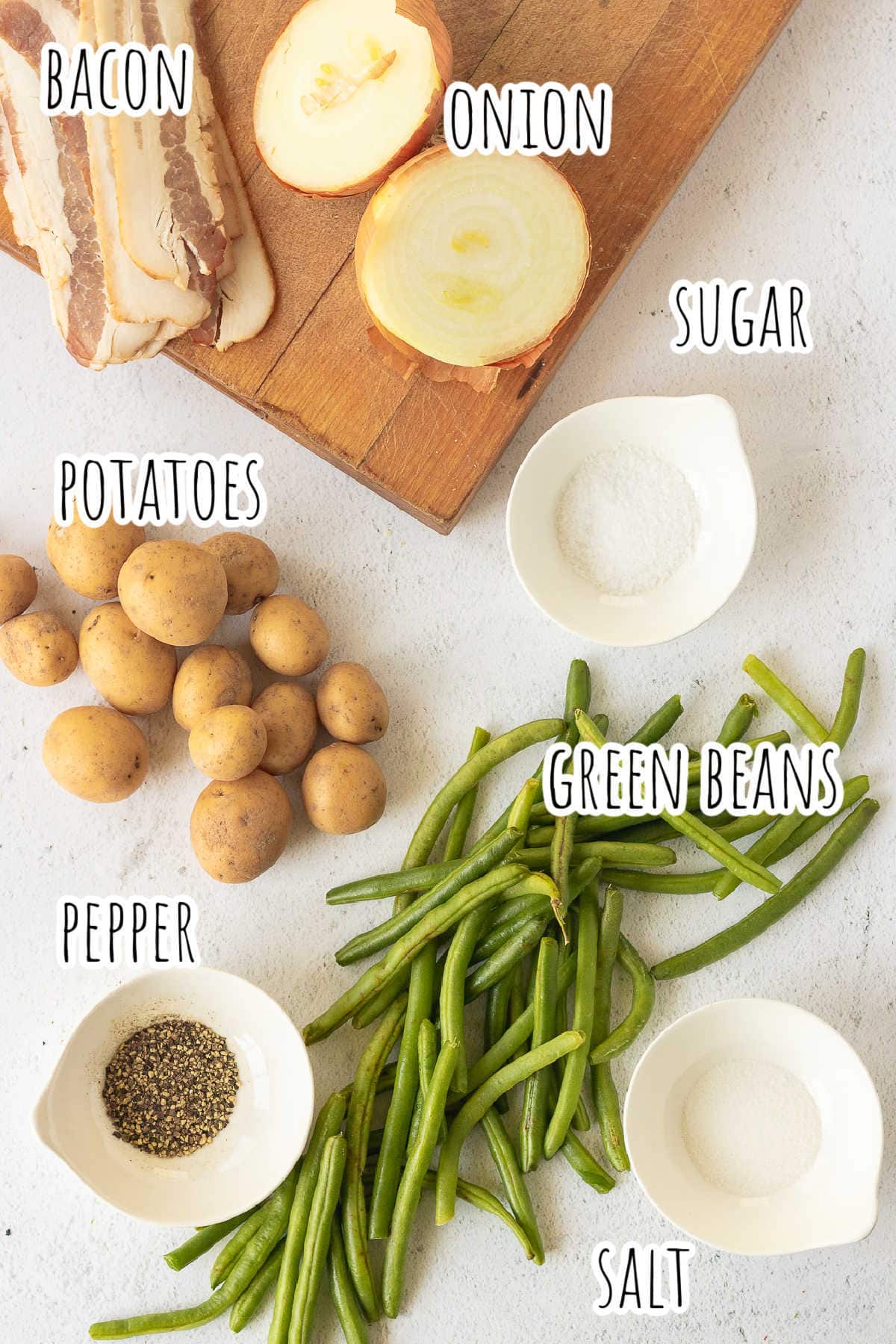 Labeled ingredients for green beans and potatoes recipe.