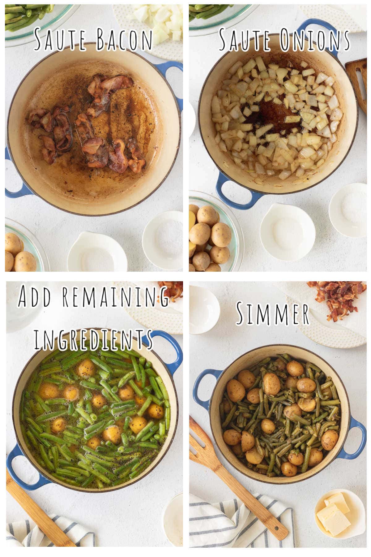 Step by step images showing how to make green beans and potatoes.