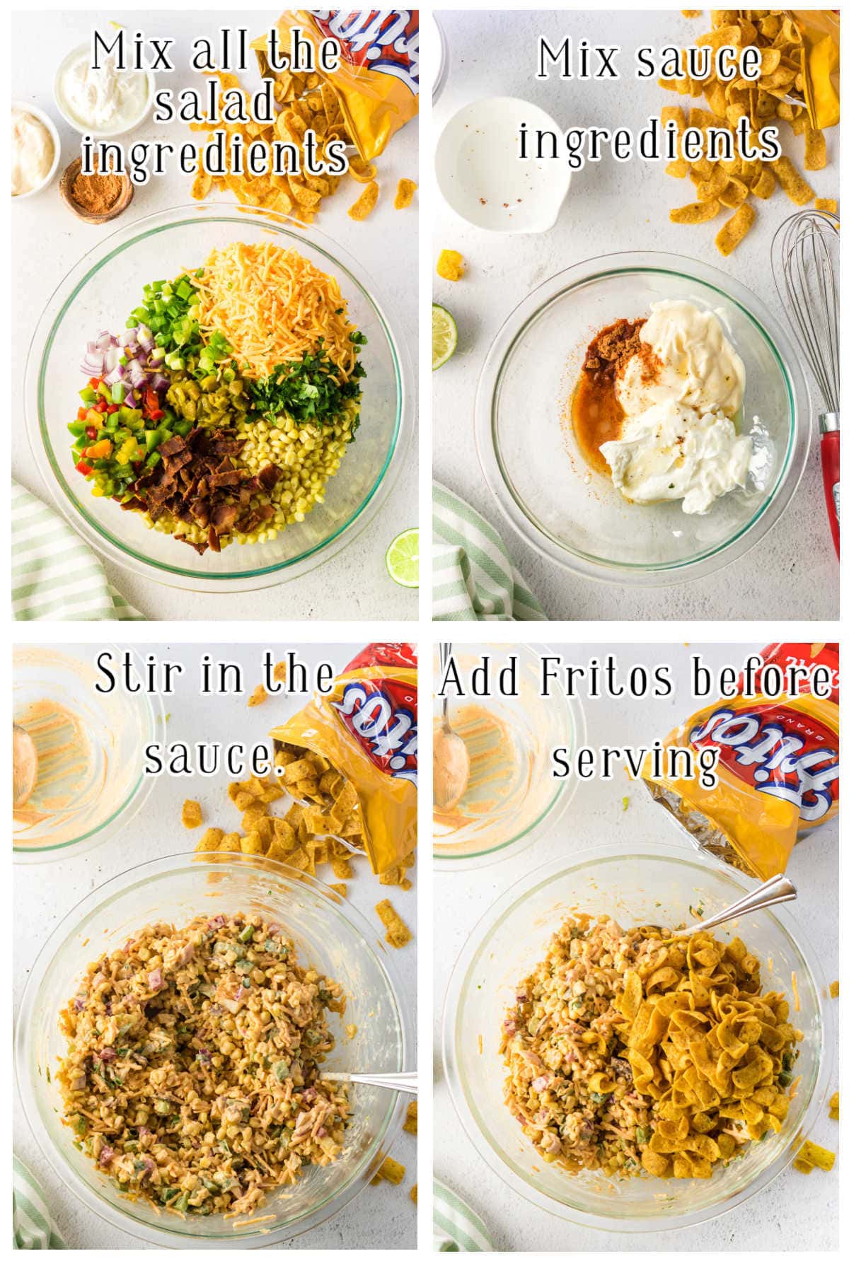 Step by step images showing how to make Frito salad.