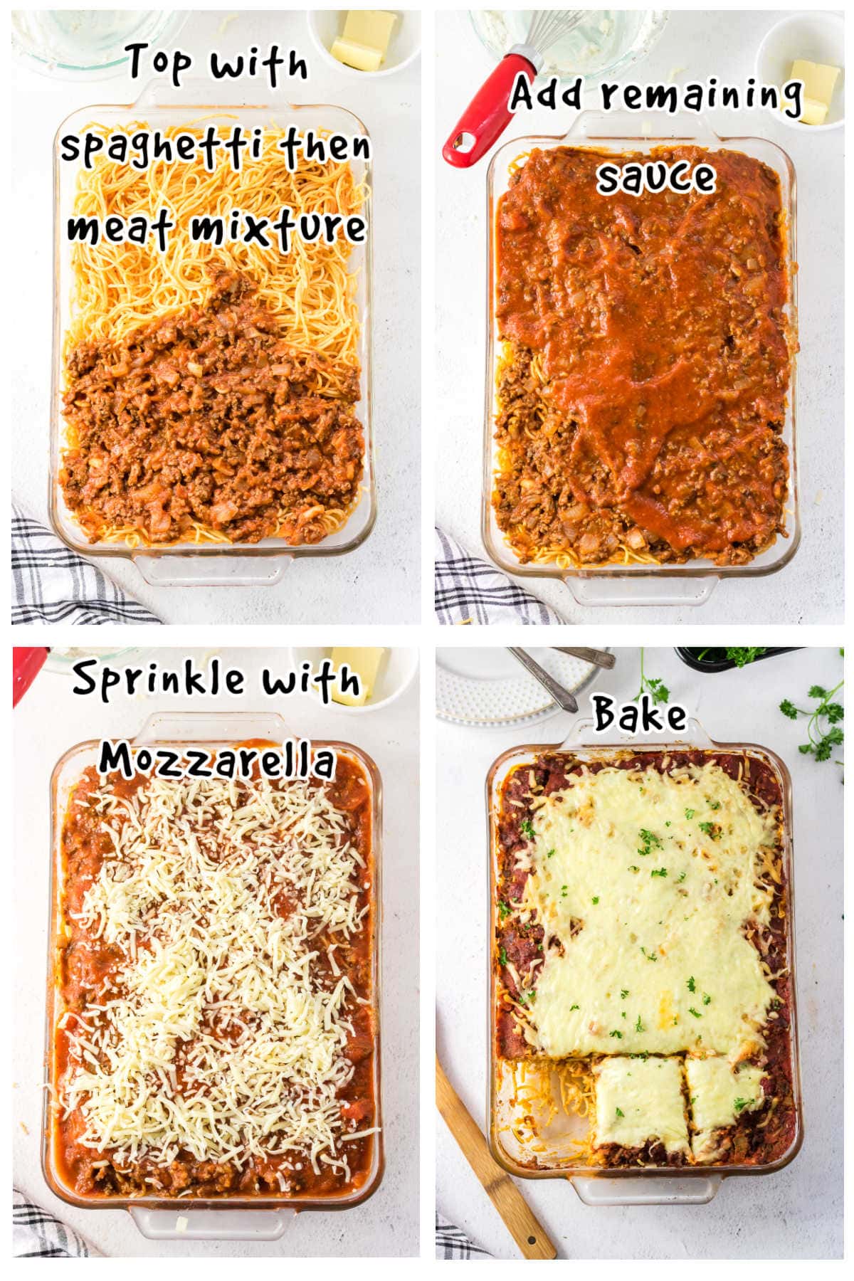The last four steps of assembling this spaghetti casserole.