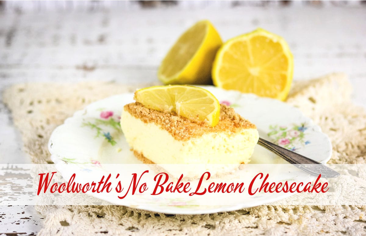 A square of lemon cheesecake on a plate with text overlay. This is a clickable image that will take you to the YouTube video.