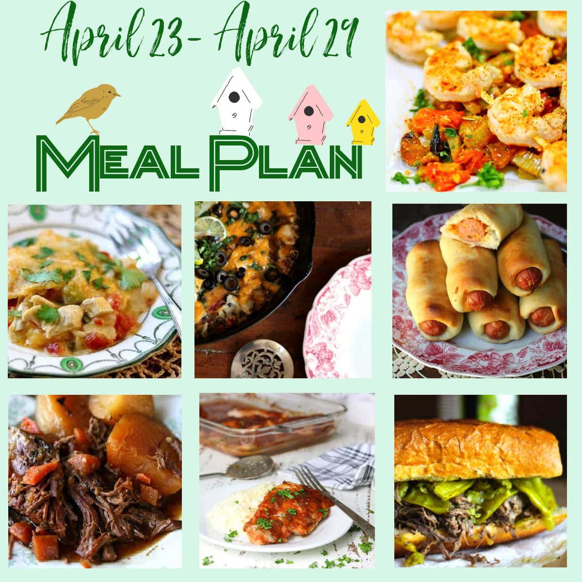 A collage of the dishes included in this week's meal plan with a focus on fresh summer flavor.