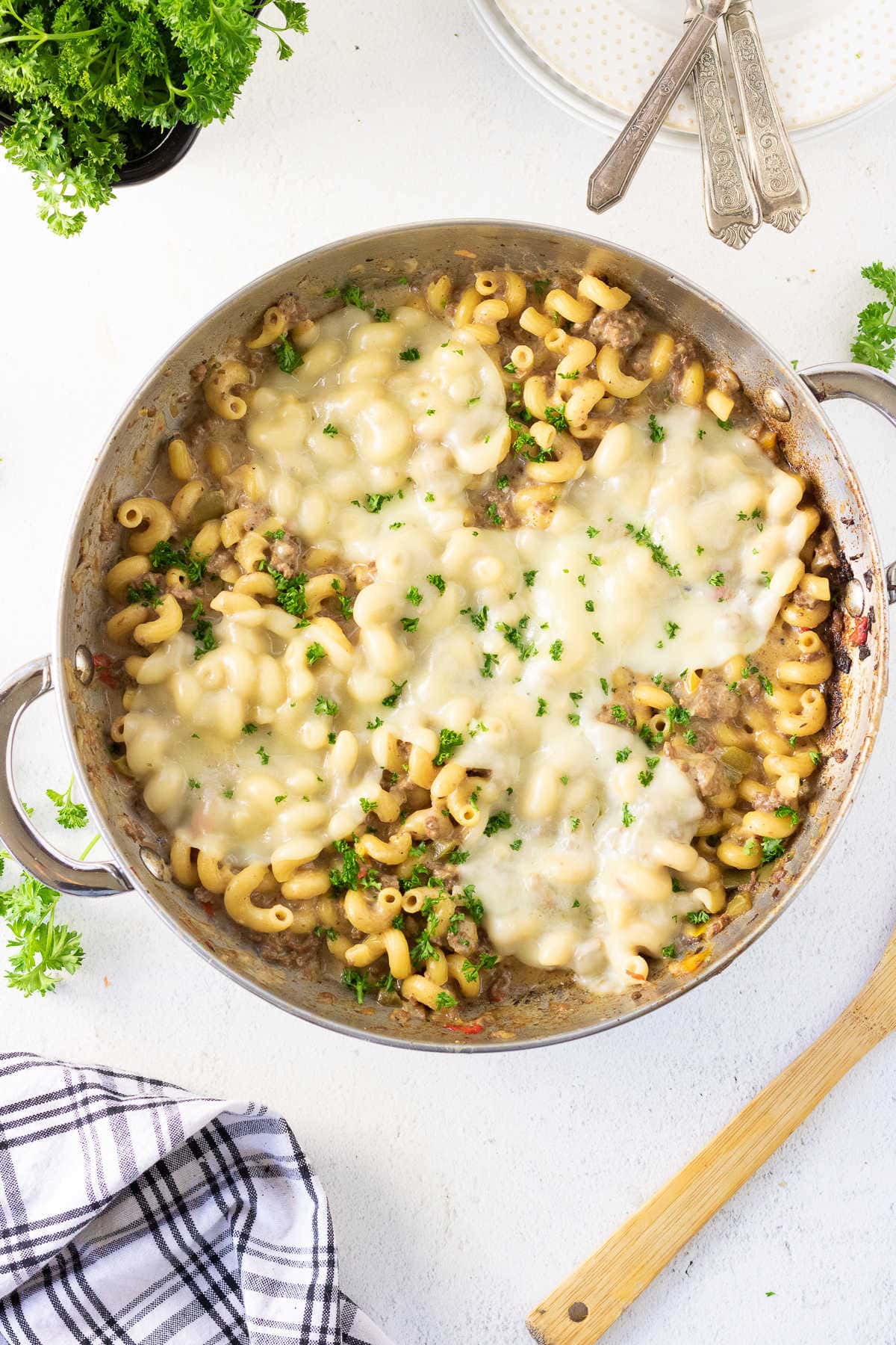 Overhead view of Philly cheesesteak pasta ready to be served.