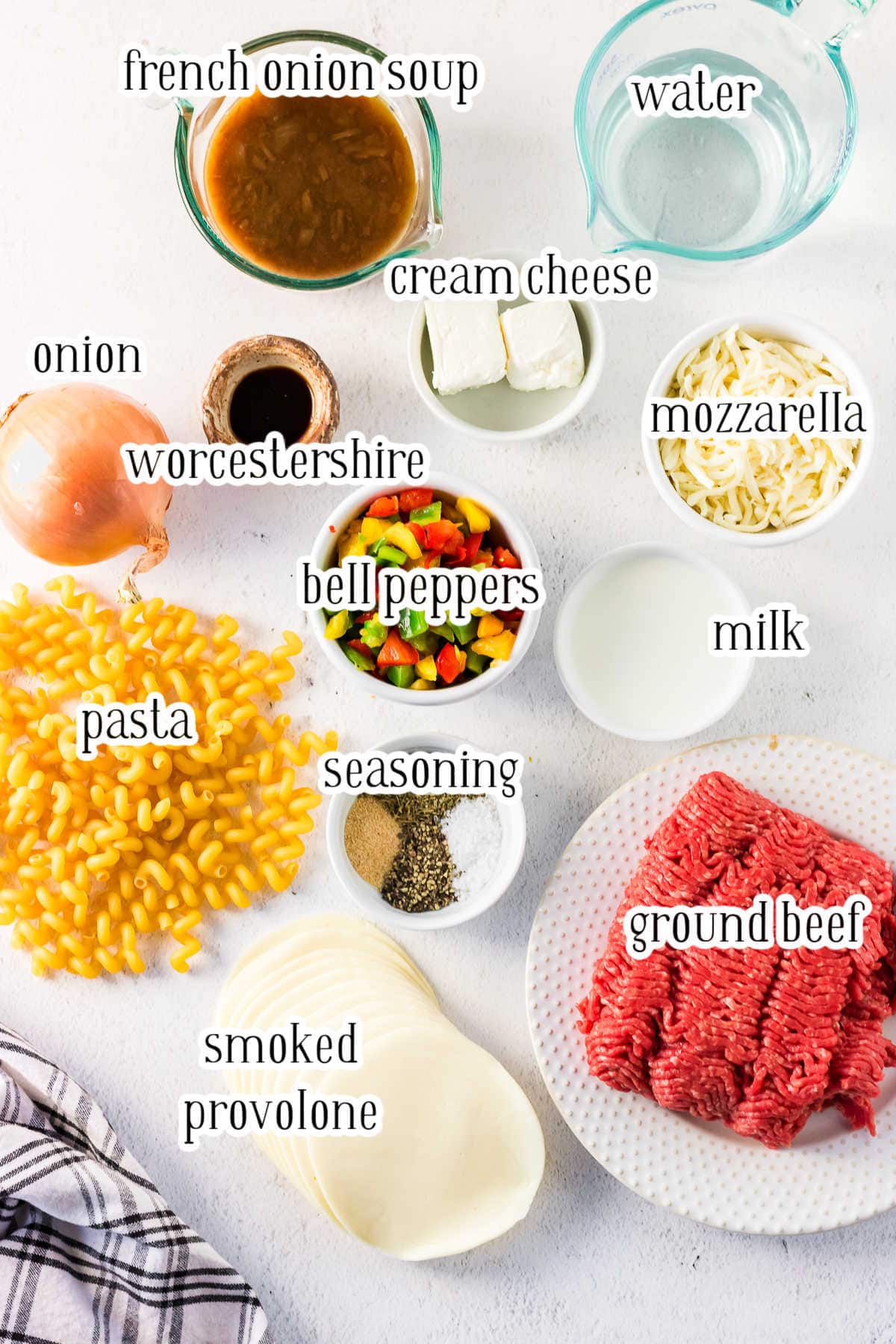 Labeled ingredients for this pasta recipe.
