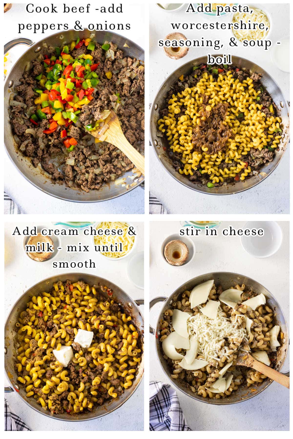 Step by step images for making philly cheesesteak pasta dinner.