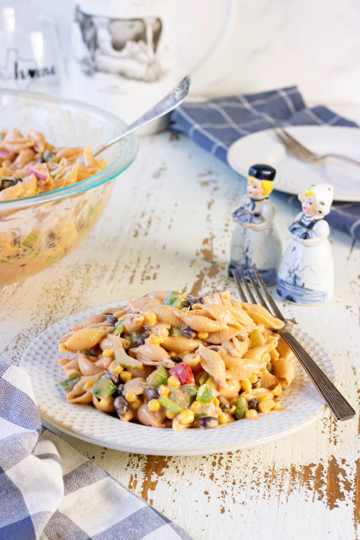 A plateful of bbq macaroni salad on a table.