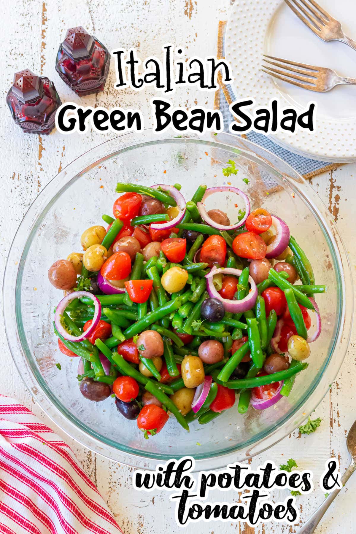 Overhead view of a bowl of green bean salad with title text overlay.