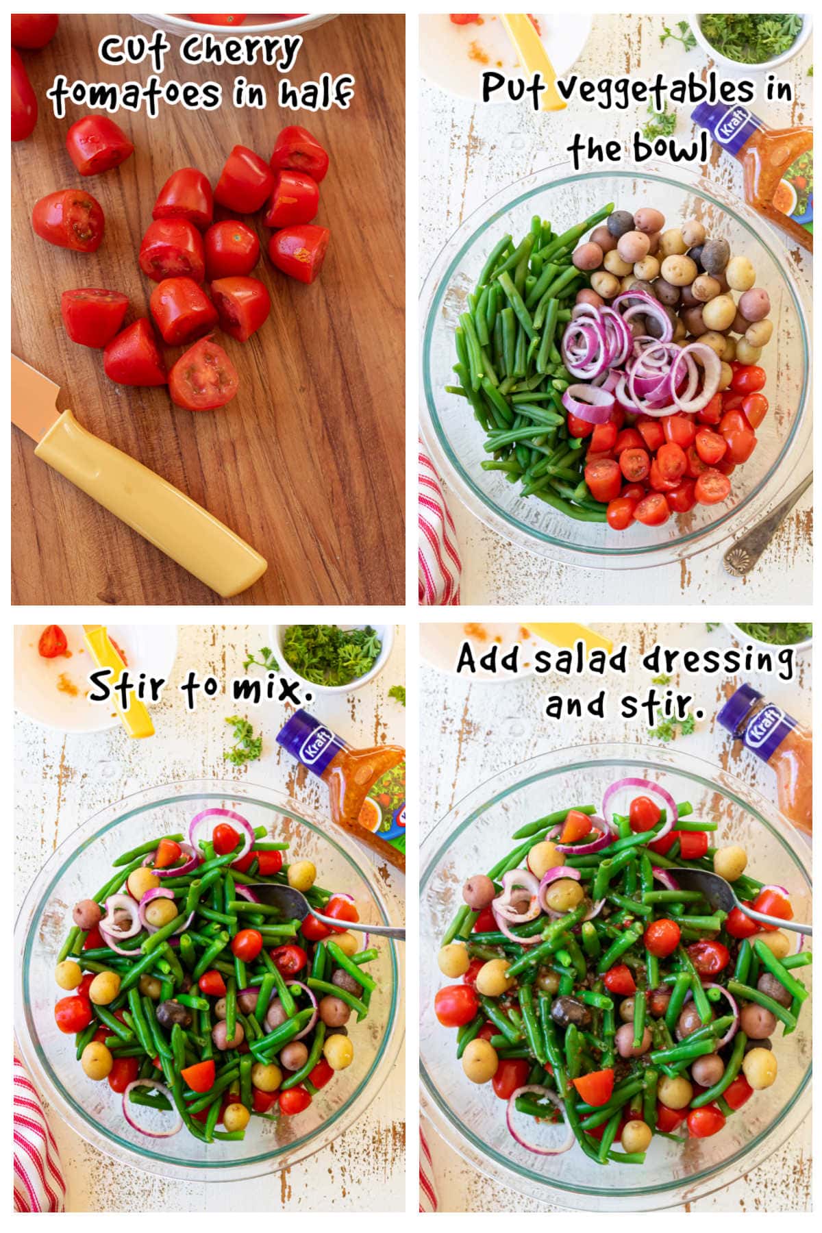 A collage of step by step images showing how to make this easy salad.