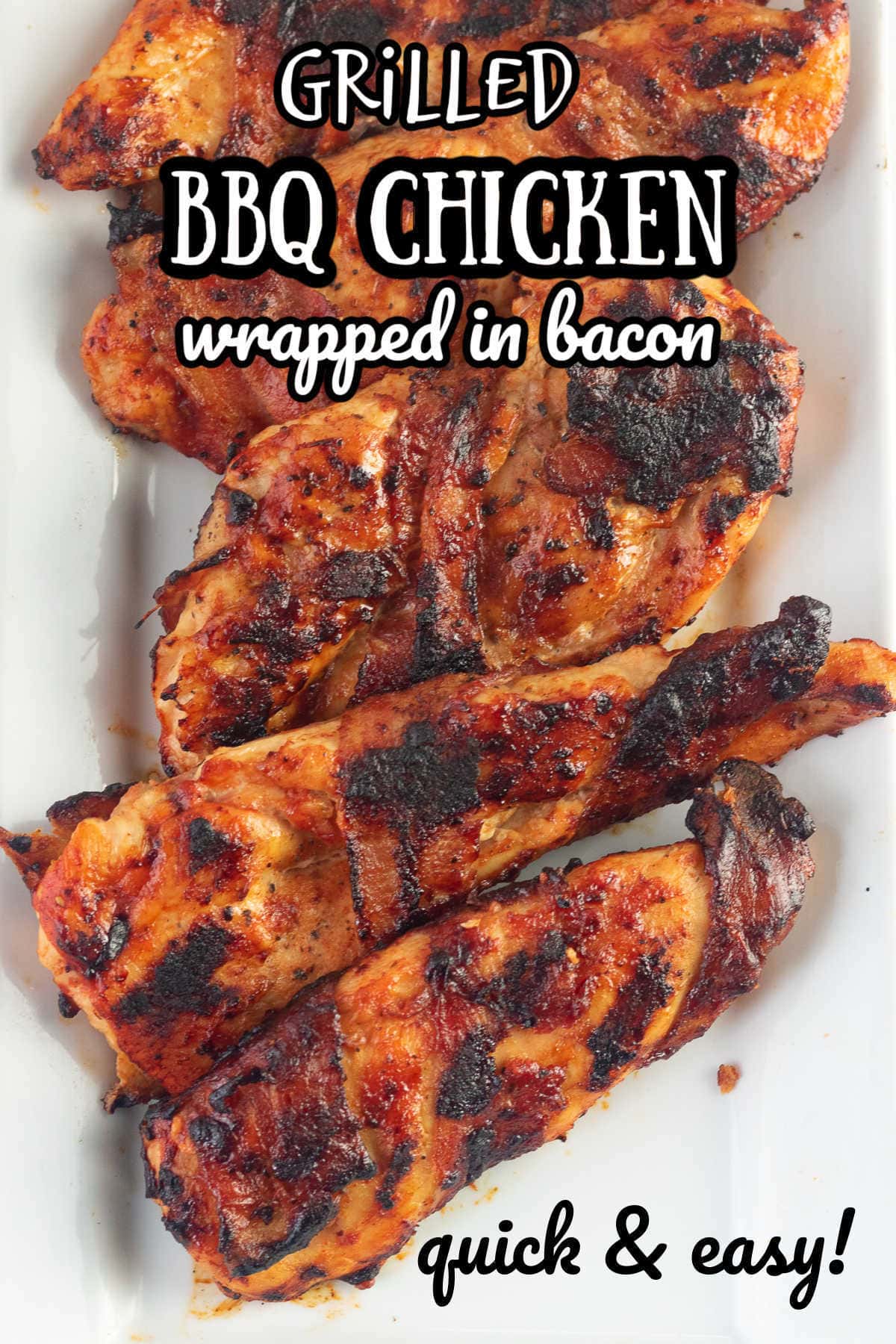 Overhead view of juicy, barbequed chicken breast on a white platter. Title text overly.