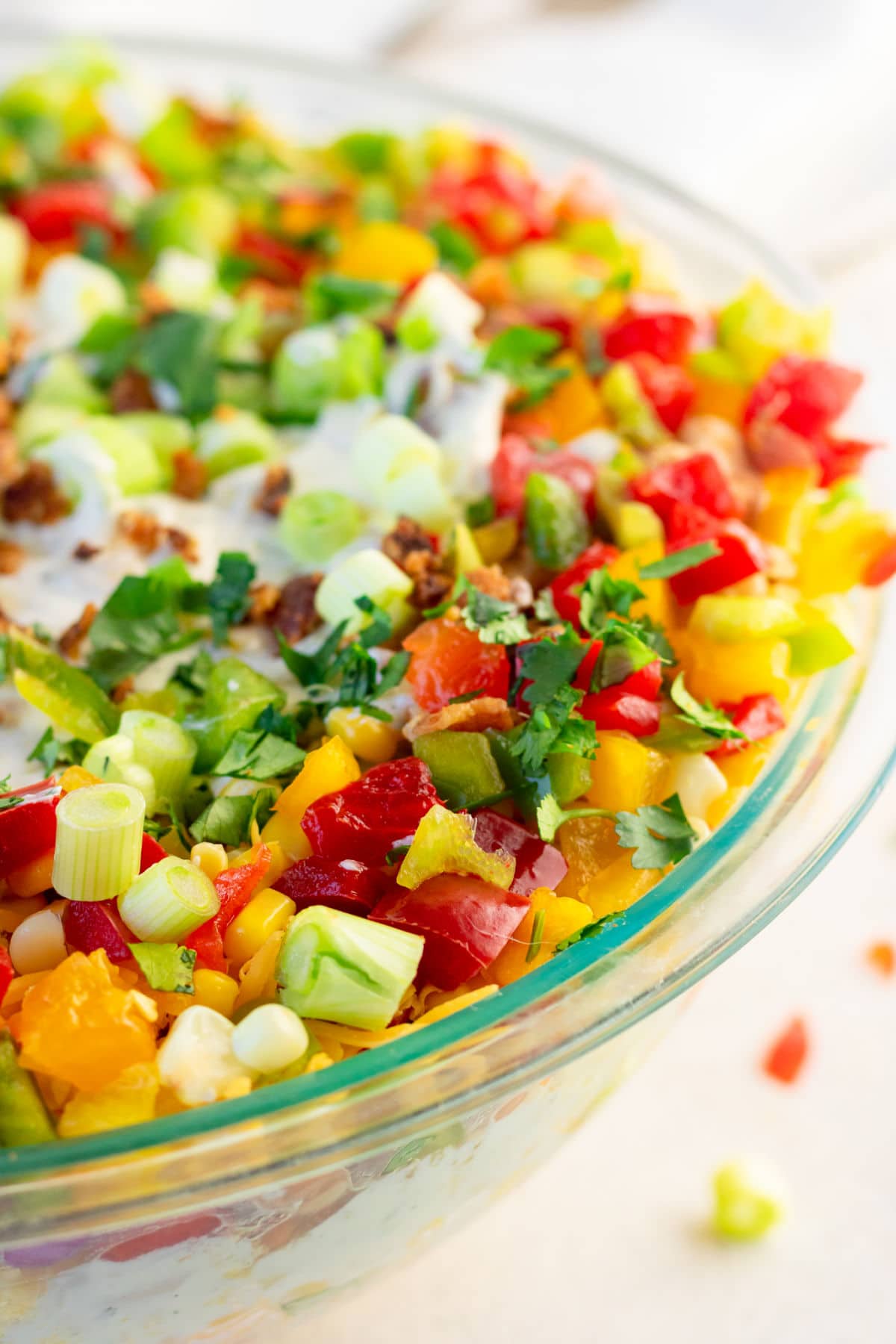 Closeup of the salad in a glass bowl.