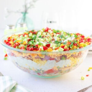 Side view of the cornbread salad showing the layers.