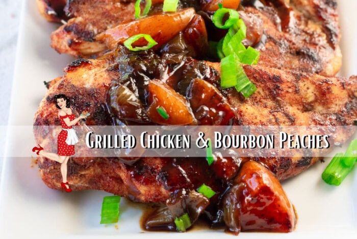 Grilled chicken with peach sauce spooned over the top. Clickable image goes to YouTube video.