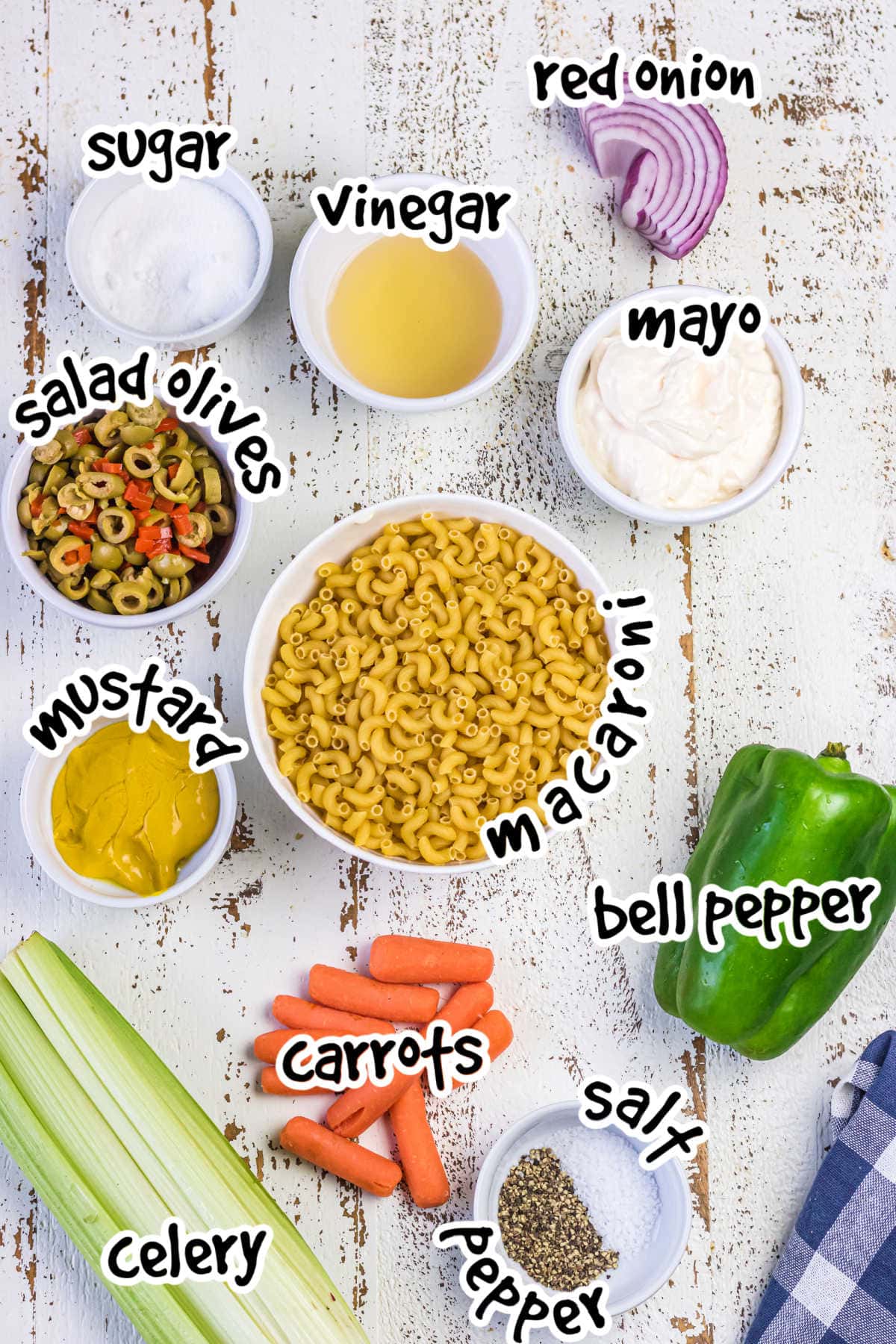 Labeled ingredients for macaroni salad.