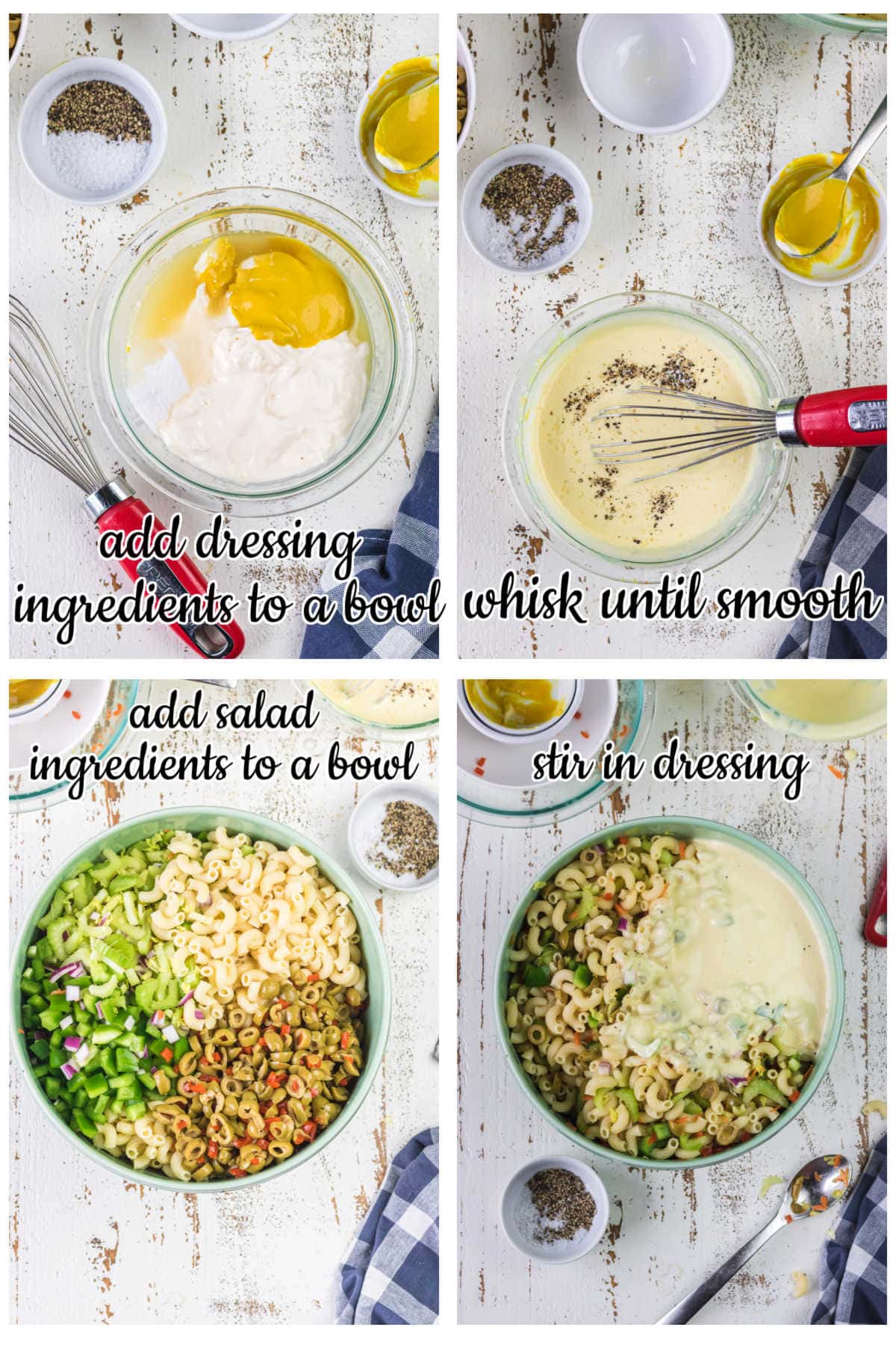 Step by step images of making macaroni salad.