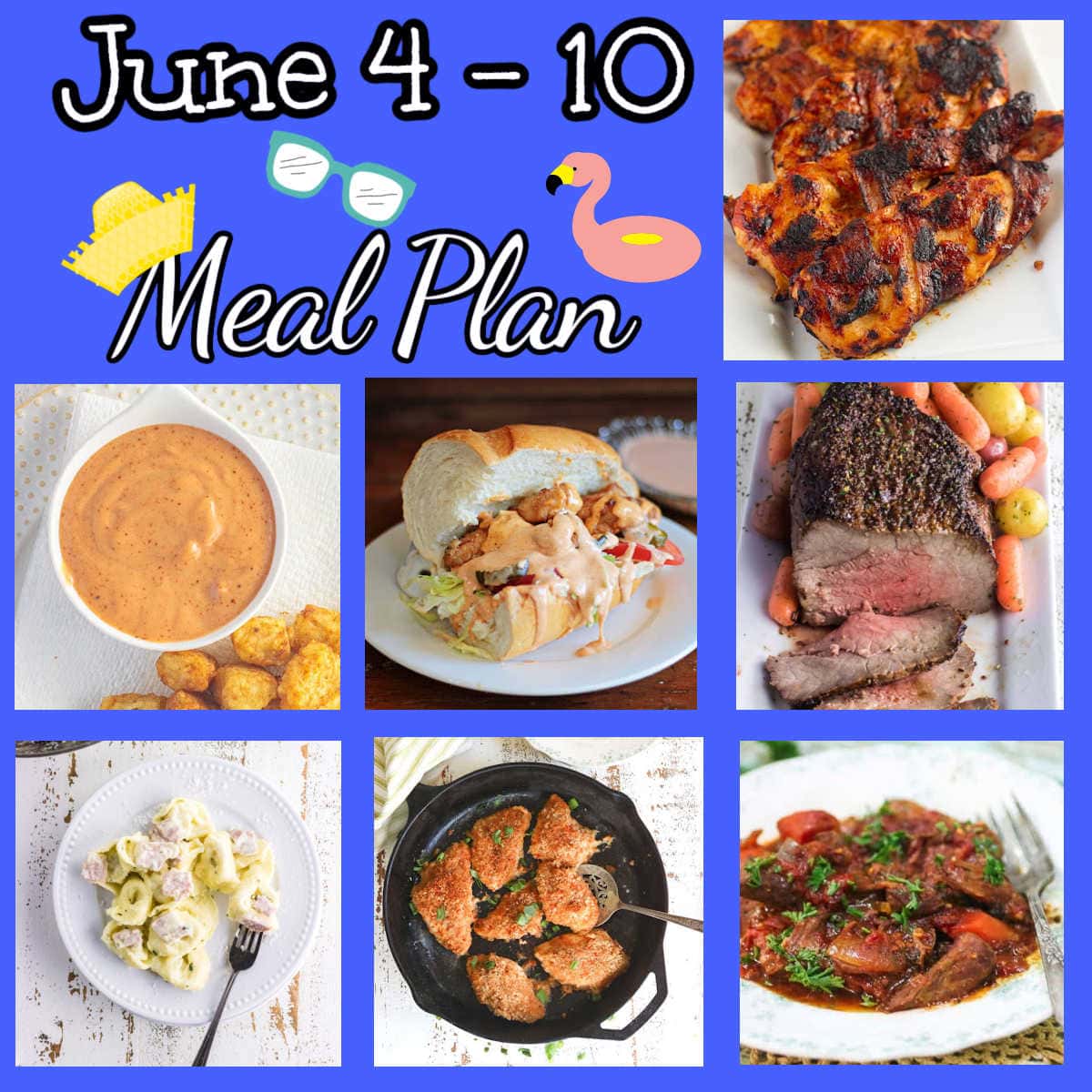 A collage of images from this meal plan on a blue background.