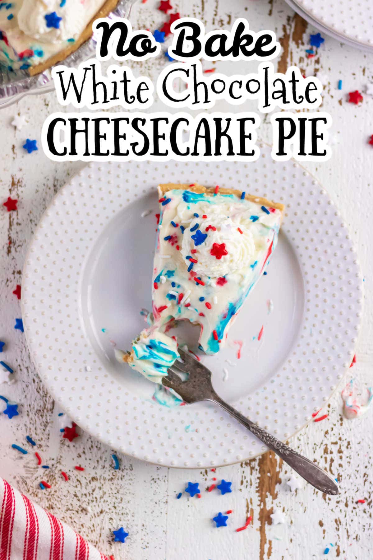 Overhead view of a slice of cheesecake with a title text overlay.