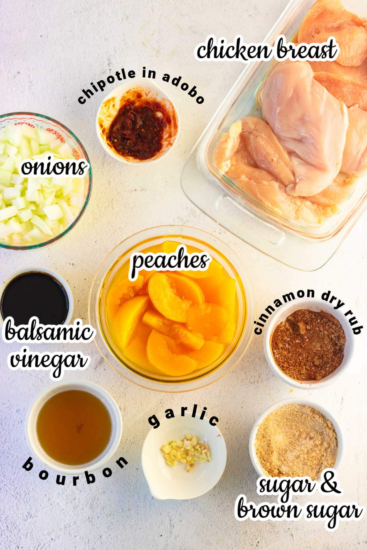 Labeled ingredients for the grilled chicken with bourbon peach sauce.