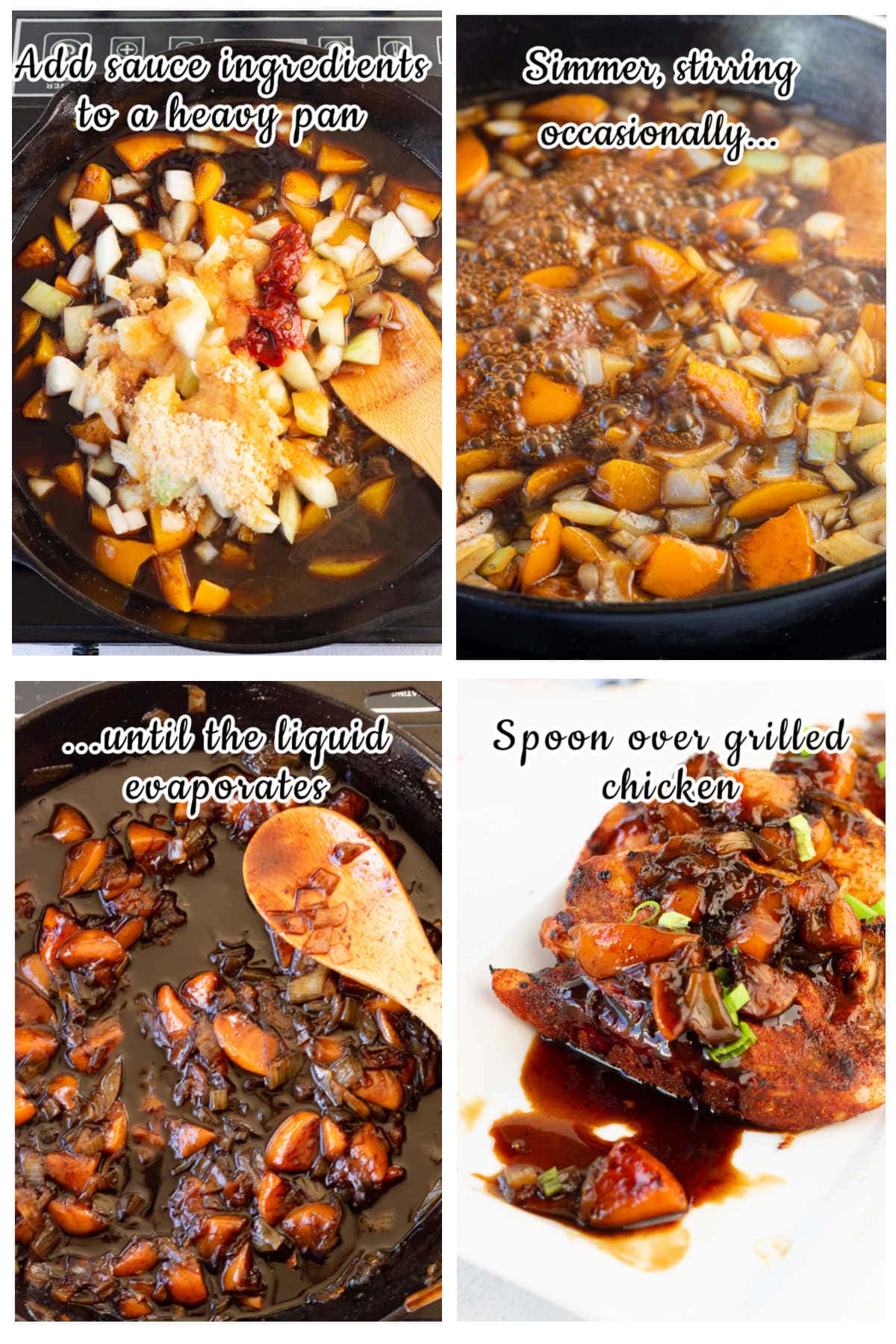 Step by step images for the peach bourbon sauce.