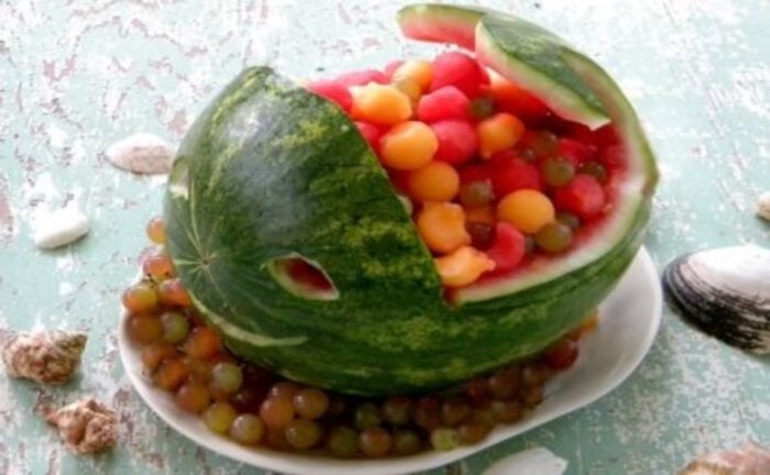 Watermelon basket shaped like a whale.