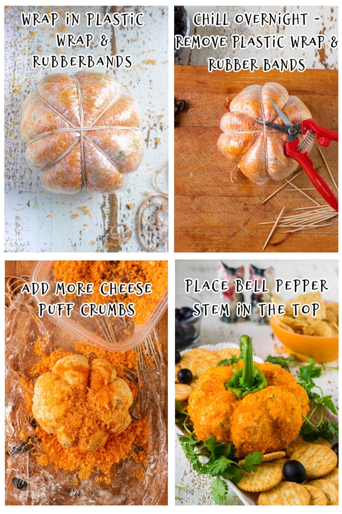 Collage of images showing how to form the pumpkin cheeseball step by step.