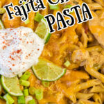 Closeup of the pasta with text overlay for Pinterest.