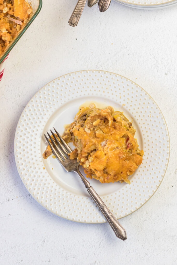 Decorative image. Overhead view of a serving of this casserole on a plate.