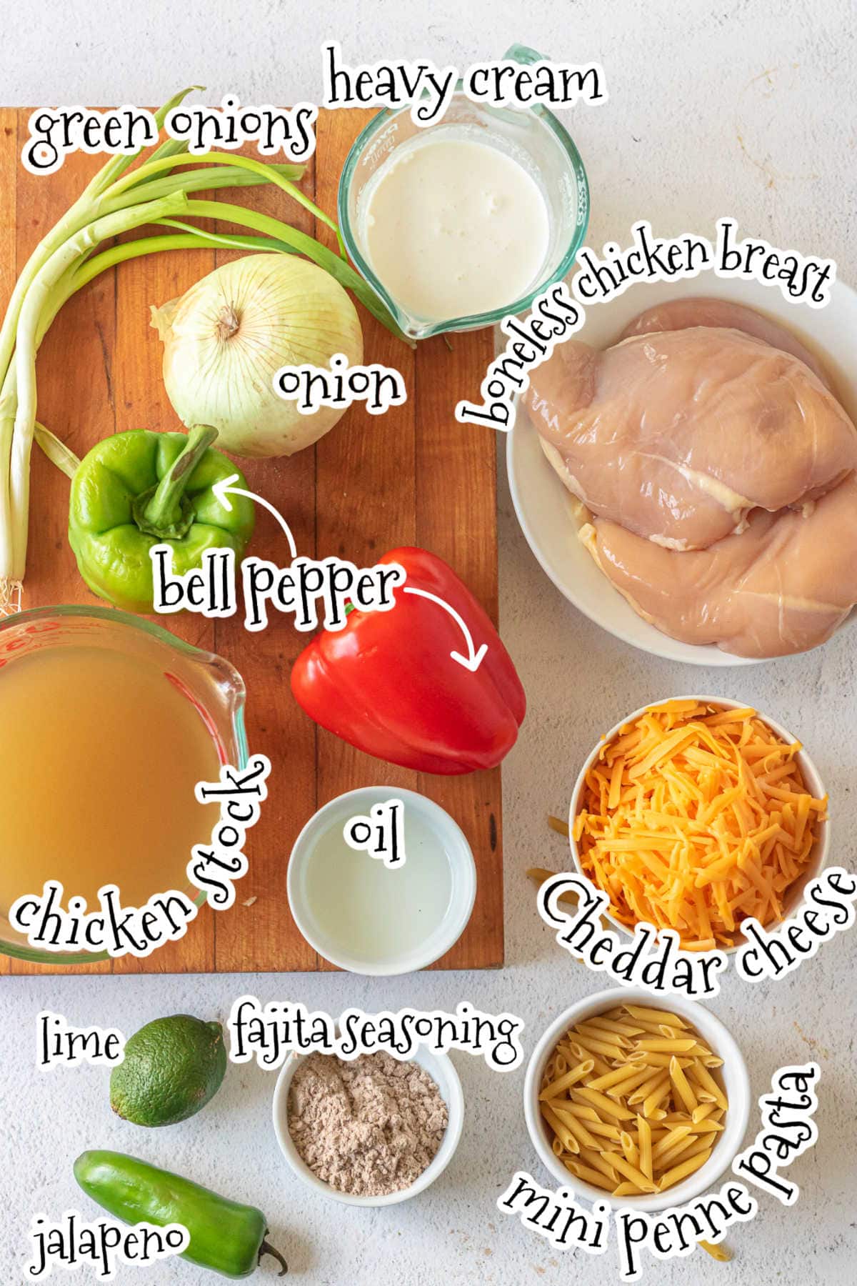 Labeled ingredients for fajita chicken pasta recipe.