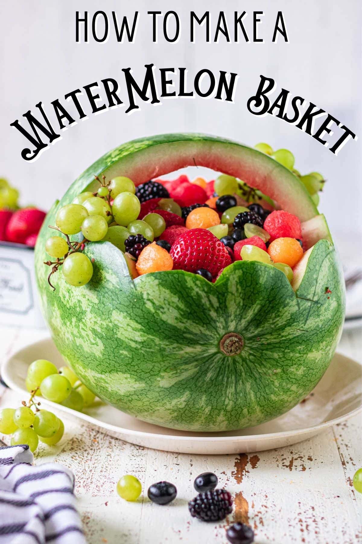 Side view of a finished watermelon basket on a table. Title text overlay.