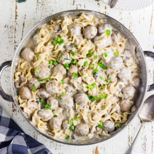 Overhead view of meatball stroganoff in a pan. This is the feature image.