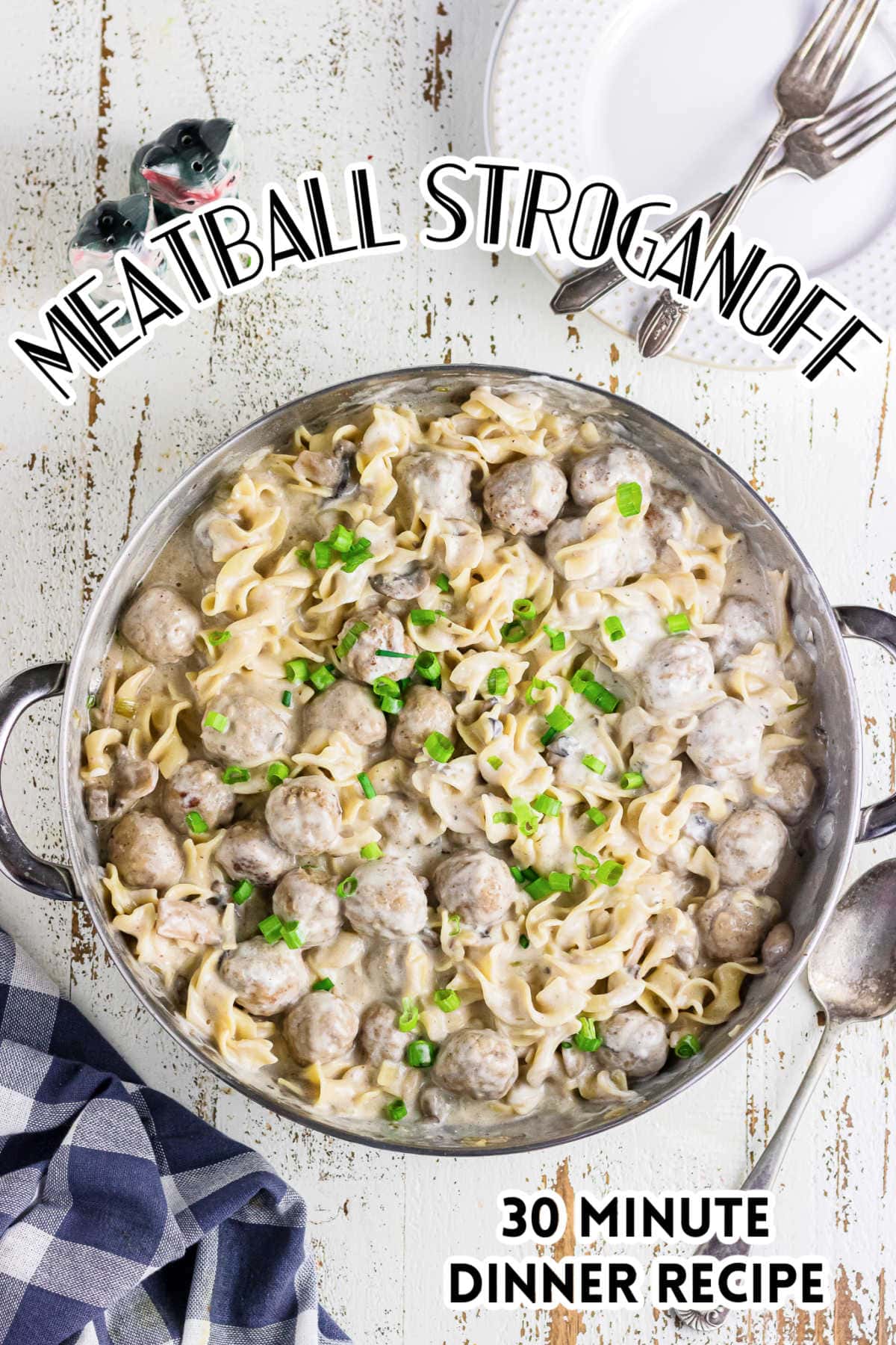 Overhead view of the meatball stroganoff in a pan. Title text overlay - this is the title image.