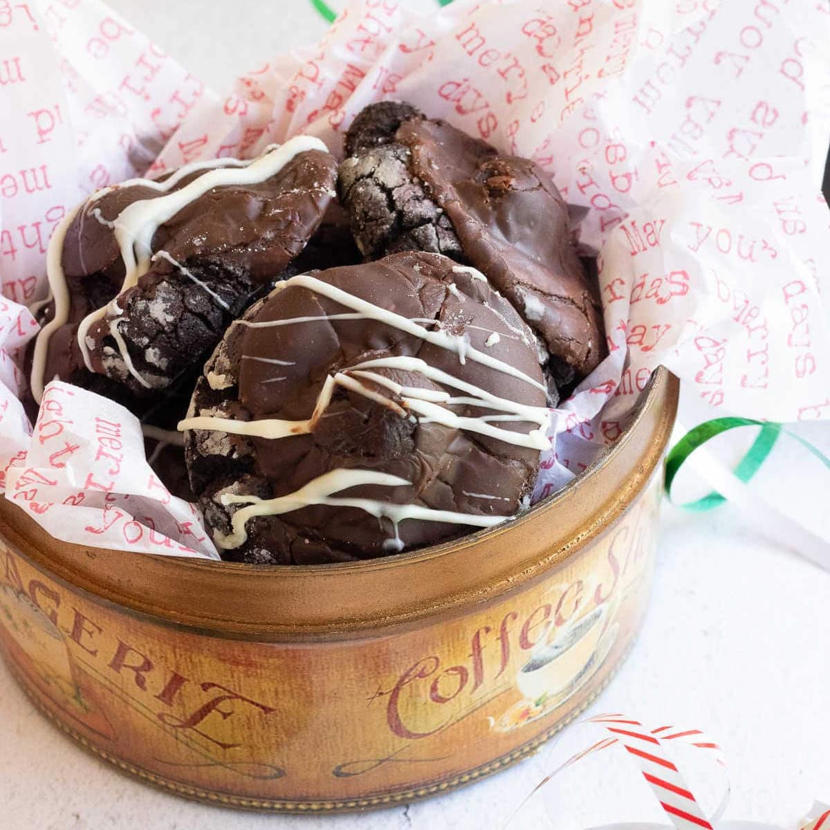 Chocolate cookies in a tin.