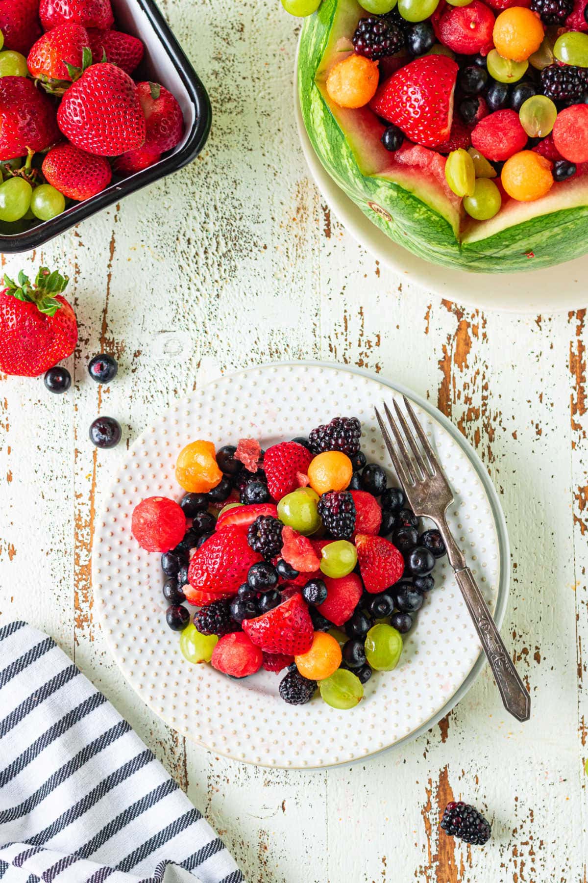 Overhead view of a plate of fruit.