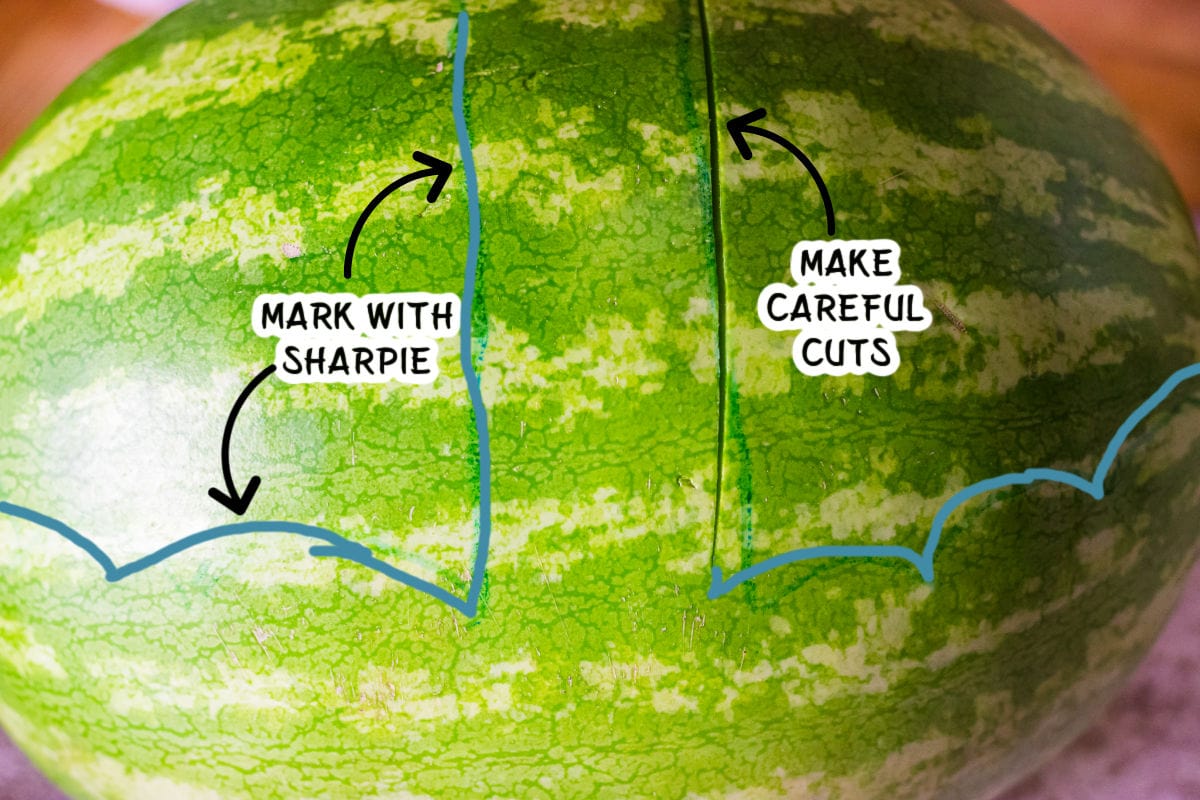 A watermelon with markings showing where to cut it.