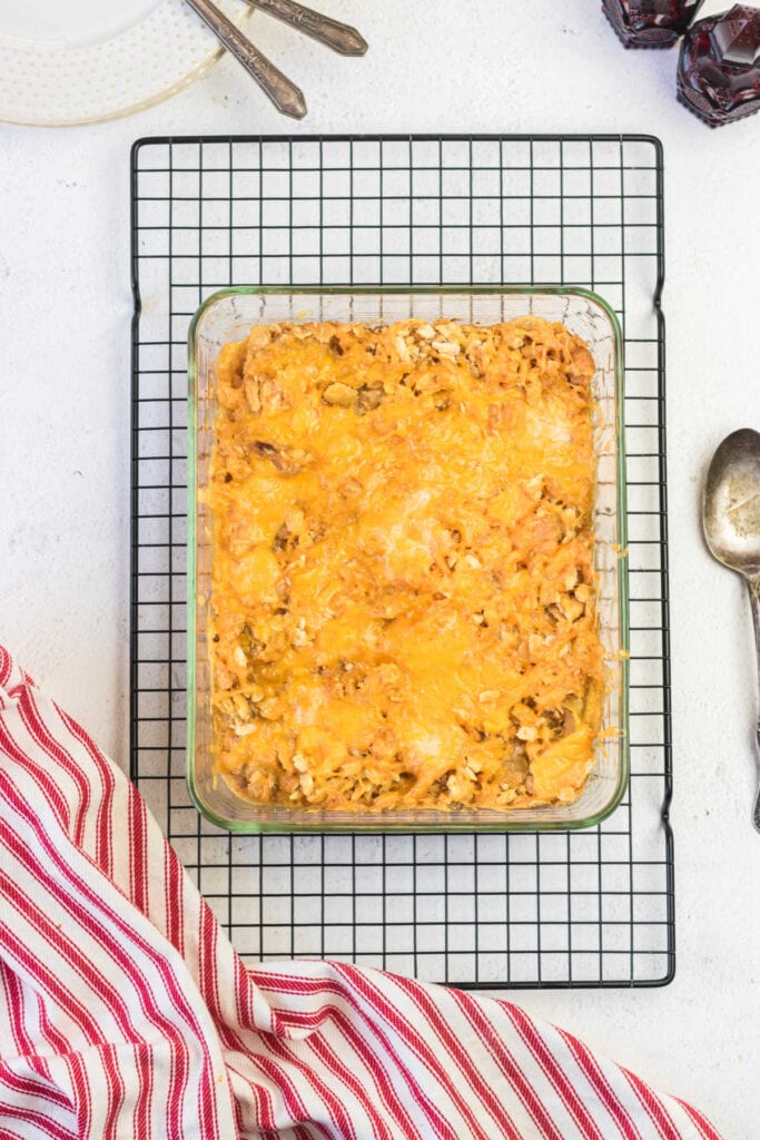 Overhead view of the baked casserole cooling on a rack.