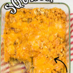 Overhead view of the casserole with a text overlay for Pinterest.