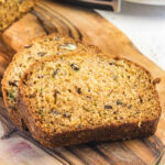 Closeup of zucchini bread slices for feature image.