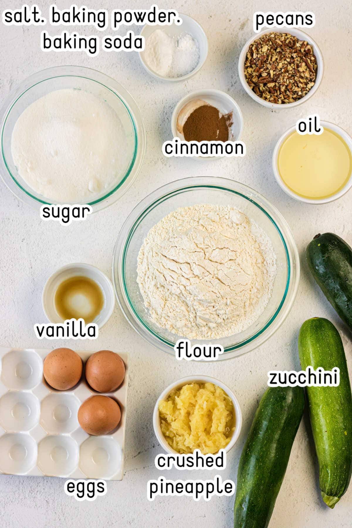 Labeled ingredients for zucchini bread.