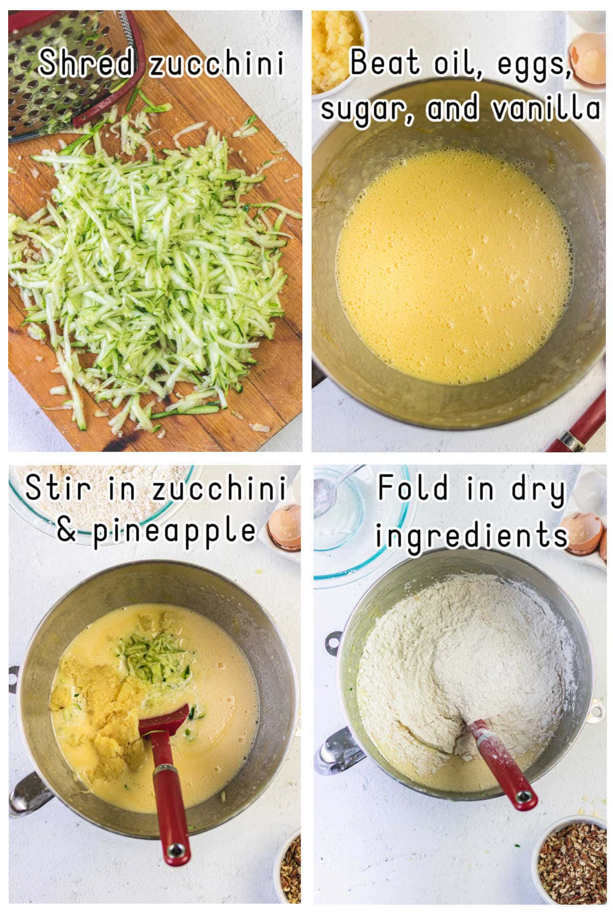 Steps 1 through 4 for making zucchini bread.