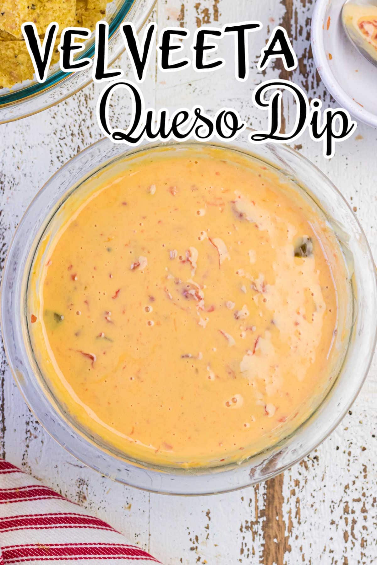 Overhead view of queso in a bowl with title text overlay.